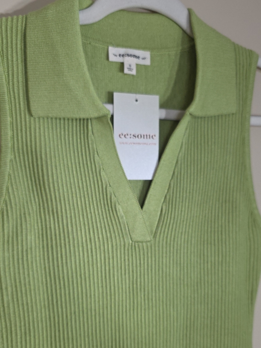 ee:some NWT Avocado Green Sleeveless Ribbed Knit Collared Mini Dress - Picture 3 of 7